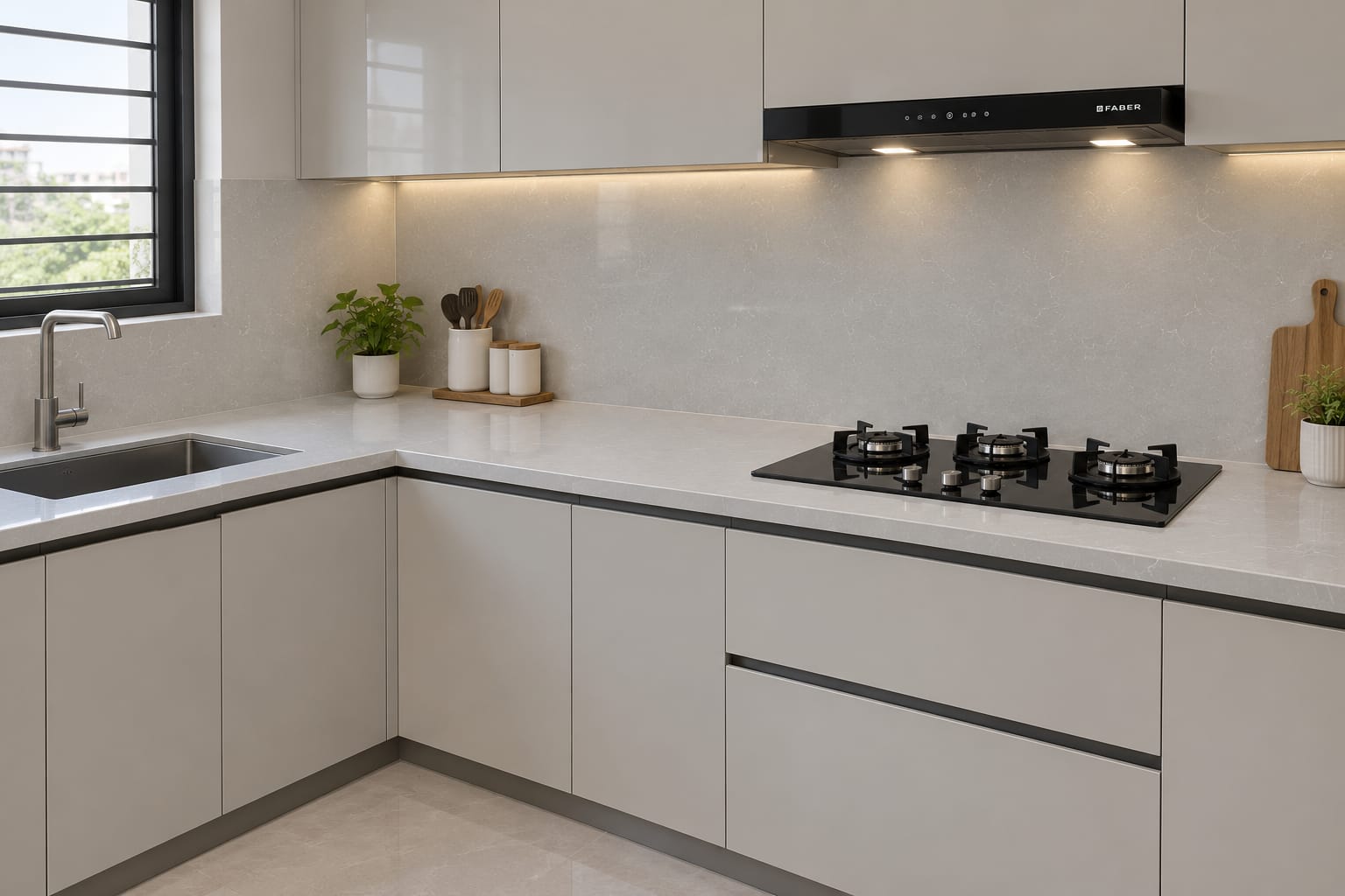 Aqua Off White quartz fitted as a kitchen countertop, Chennai Quartz Chennai
