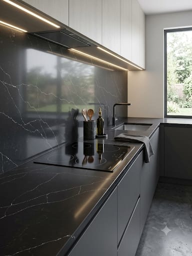Calacatta Black Rafeal quartz fitted as a kitchen countertop, Chennai Quartz Chennai