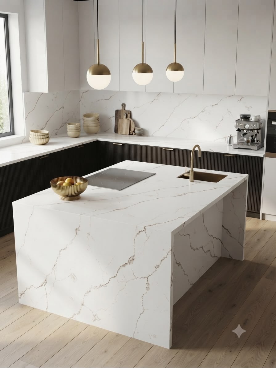 Calacatta Rustic Brown quartz fitted as a kitchen countertop, Chennai Quartz Chennai