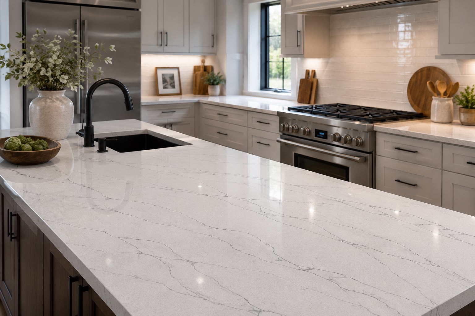 Calacatta White Rafeal quartz fitted as a kitchen countertop, Chennai Quartz Chennai