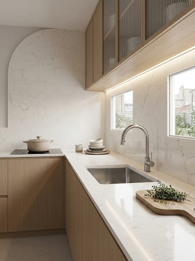 Carrara Plasma quartz fitted as a kitchen countertop, Chennai Quartz Chennai