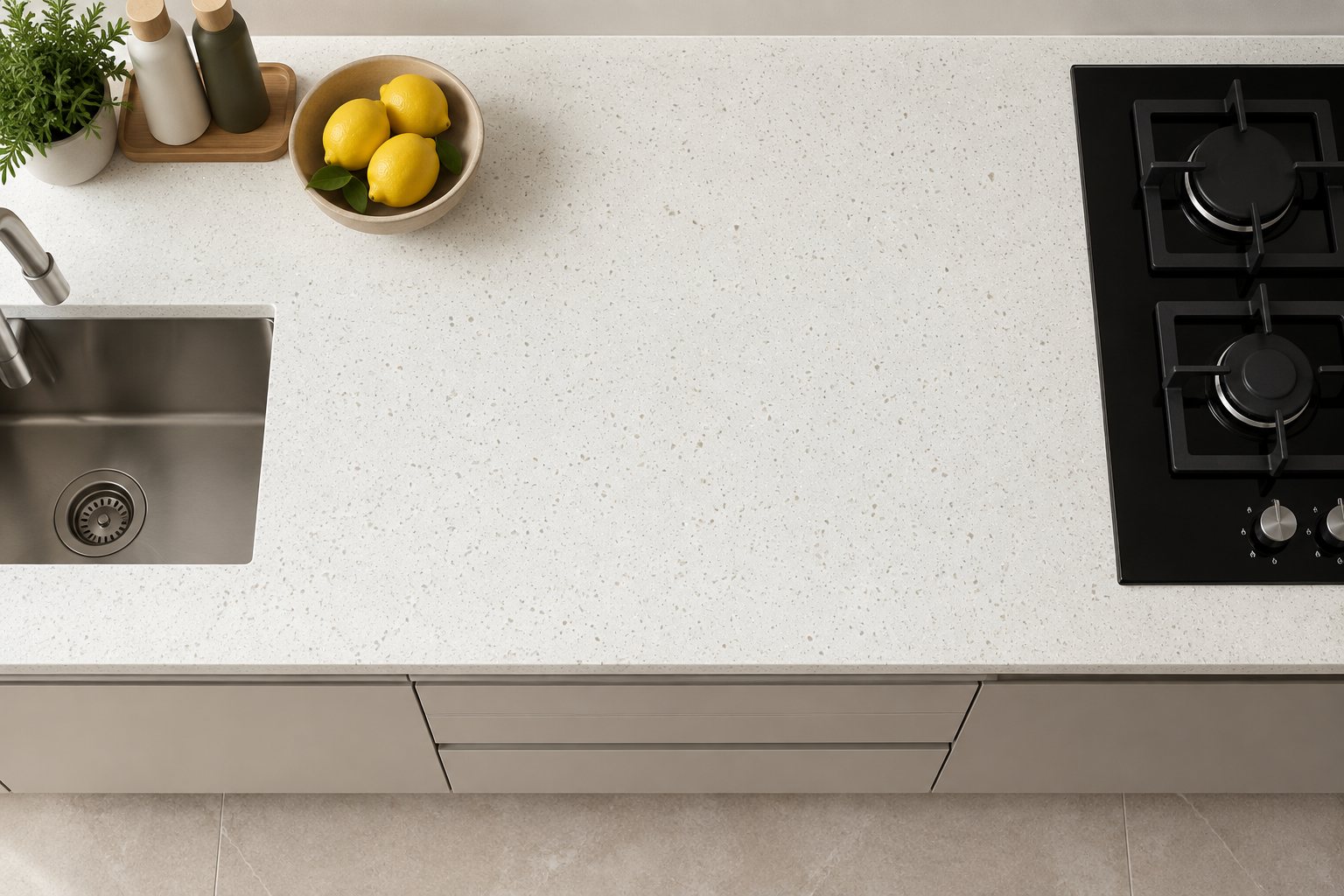 Chipped Ice installed kitchen countertop, Chennai Quartz Chennai