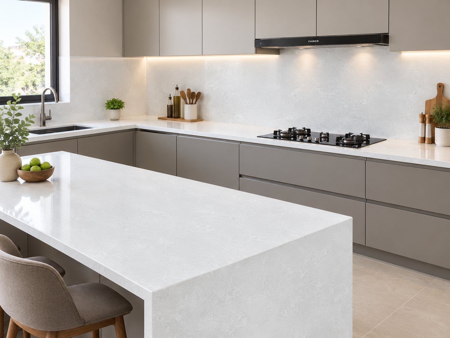Ice Storm quartz fitted as a kitchen countertop, Chennai Quartz Chennai