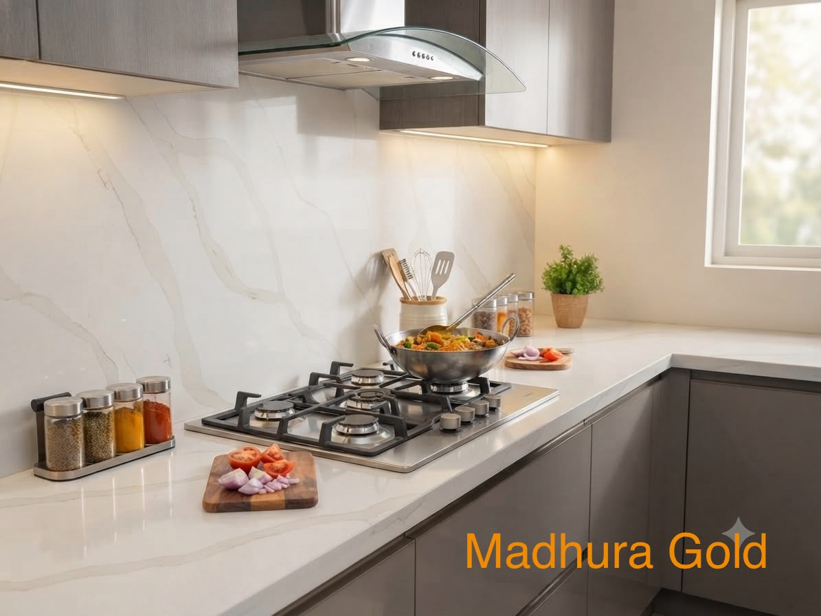 Madura Gold quartz fitted as a kitchen countertop, Chennai Quartz Chennai