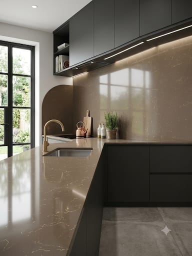 Cararra Golden Shower quartz fitted as a kitchen countertop, Chennai Quartz Chennai