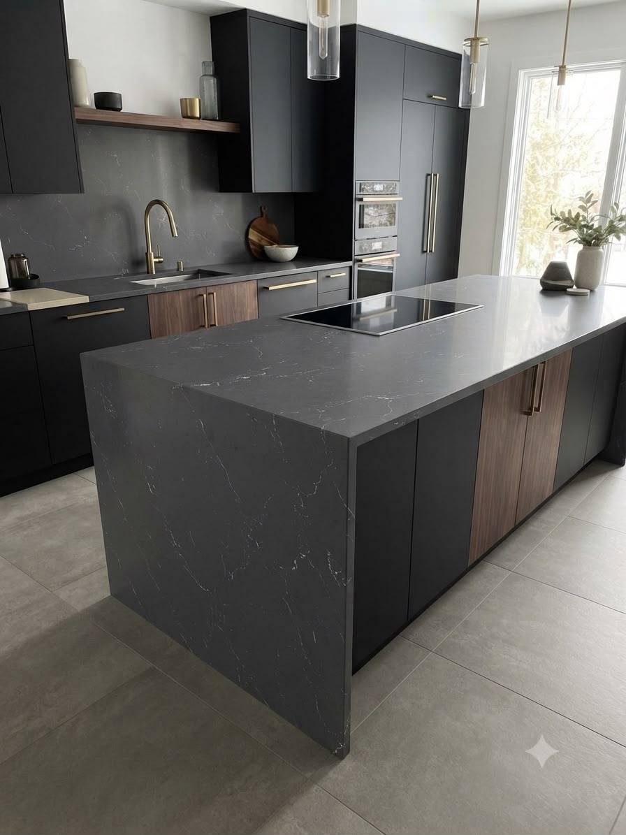 Magical Gray Cararra quartz fitted as a kitchen countertop, Chennai Quartz Chennai
