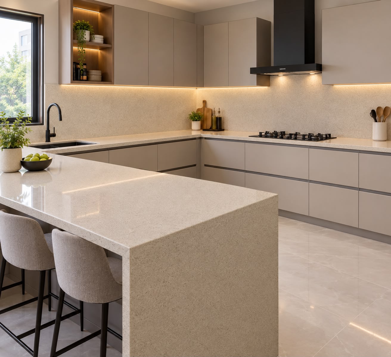 Plain Beige quartz fitted as a kitchen countertop, Chennai Quartz Chennai