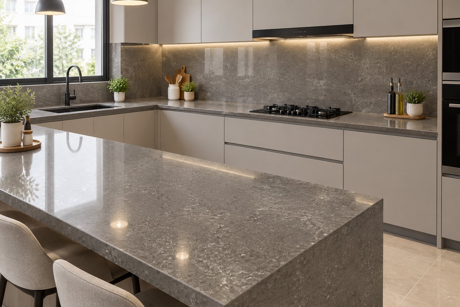 Velvet Bronze quartz fitted as a kitchen countertop, Chennai Quartz Chennai