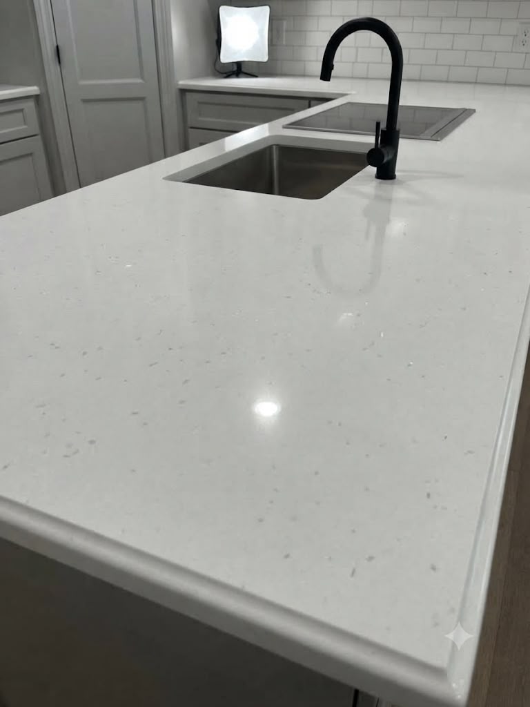 Winter Ice quartz fitted as a kitchen countertop, Chennai Quartz Chennai